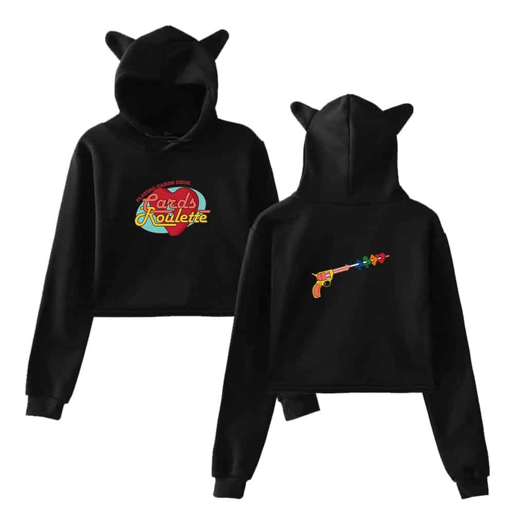 Pard Kouette black hoodie with colorful graphic designs, including a cartoon pistol shooting Y.O.U, perfect for casualwear and fans of unique, playful fashion statements.