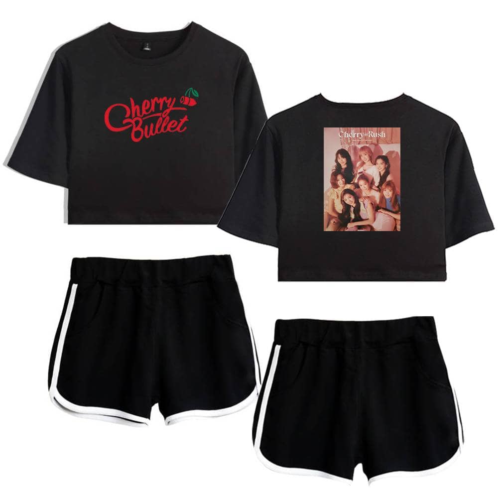 Cherry Bullet t-shirt and shorts leisurewear set, featuring the group's logo and a photo on the back. Perfect for fans who want to showcase their support with stylish and comfortable merchandise.