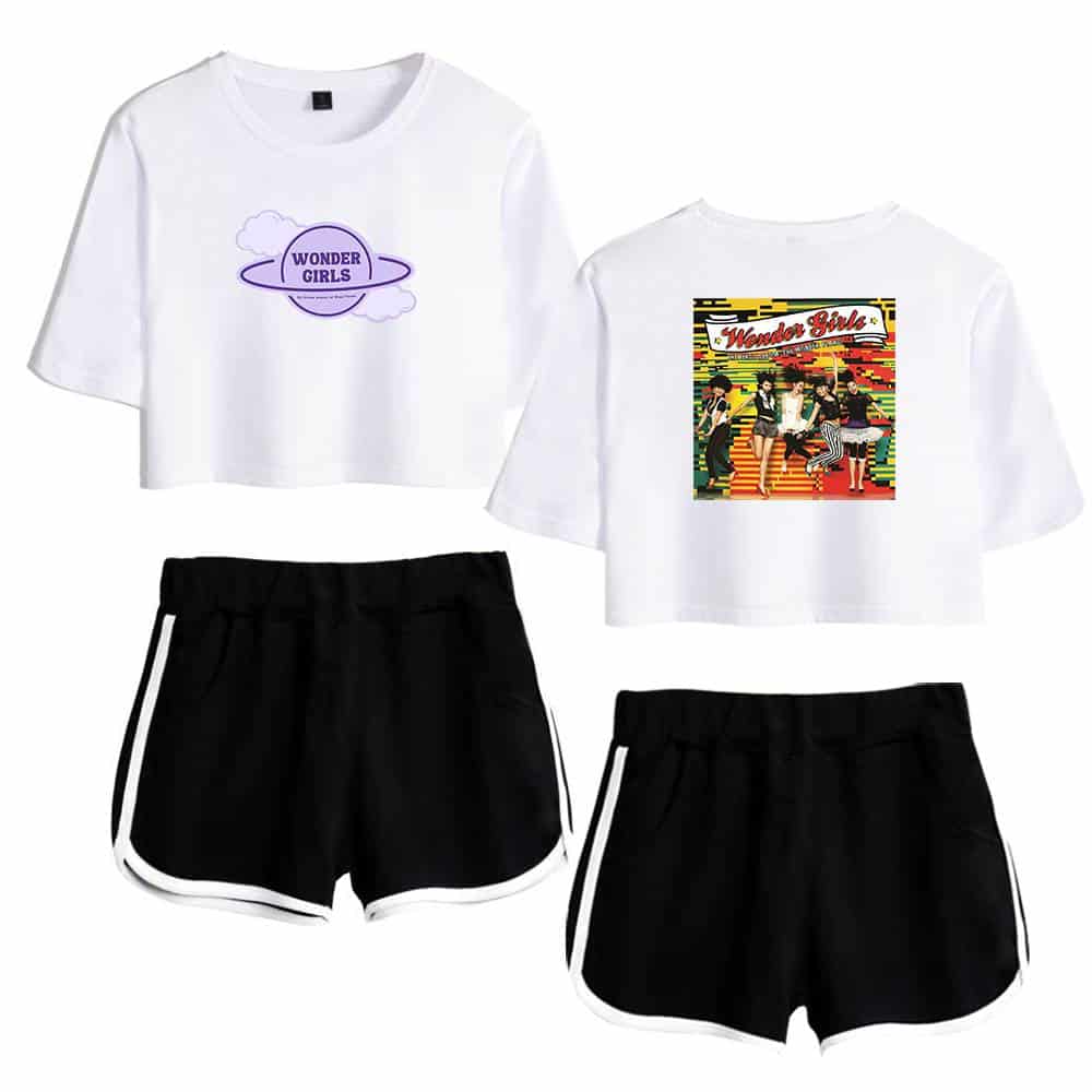 Wonder Girls graphic crop top and shorts set Casual trendy music band merchandise for fans of K-pop style fan apparel.