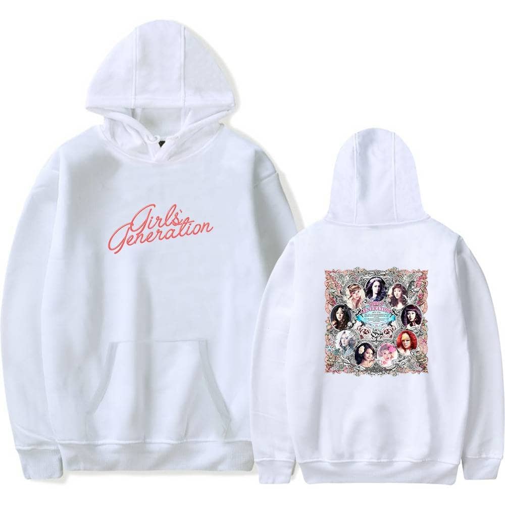 Girls Generation hoodie with front and back designs, perfect for K-pop fans and casual wear. Soft white fabric featuring the group's logo and member images on the back. A must-have for fans.