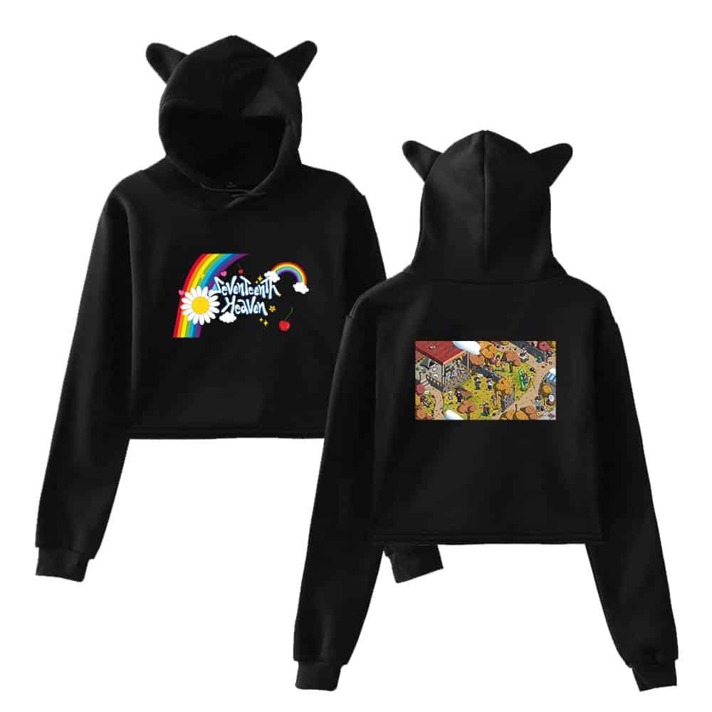 Black hoodie with rainbow, daisy, and whimsical text graphic on front, and detailed pixel art landscape on back, featuring various colorful elements, playful and trendy merch item perfect for casual wear and street style.