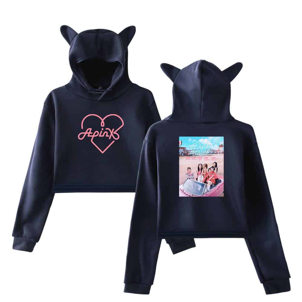 Apink girls' hoodie set with cute animal ears on the hood, featuring a pink "Apink" heart logo and a colorful printed image on the back, perfect for fans and casual wear.