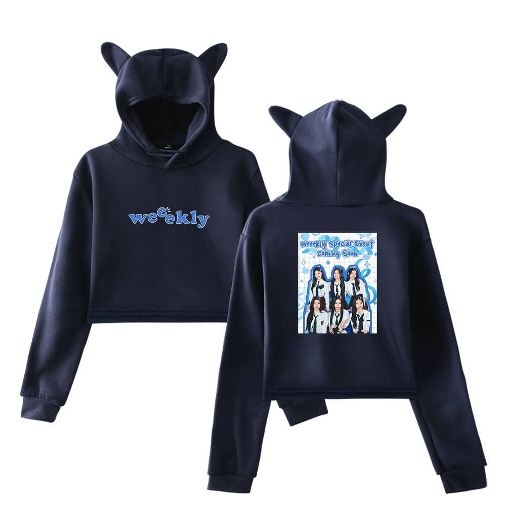 Wweekly hoodie with cat ears, front and back view, black sweatshirt with graphic design for a special event merchandise.