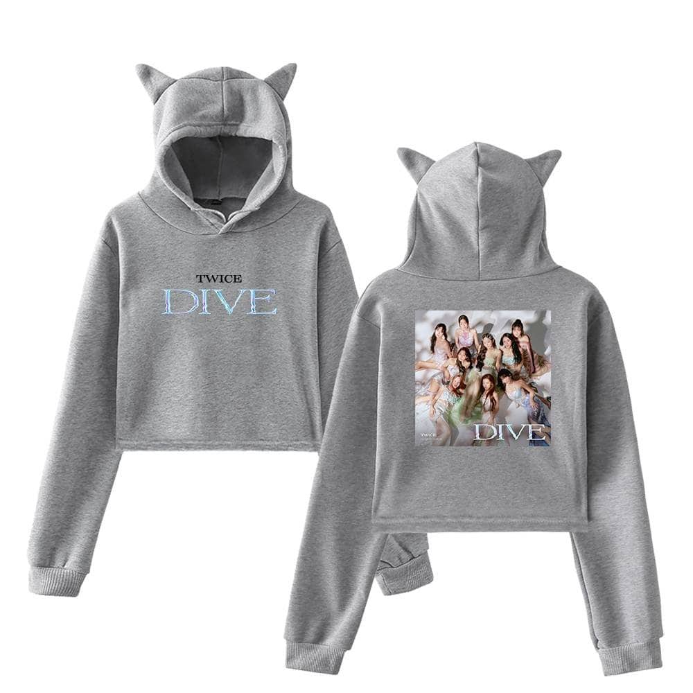 Twice dive hoodie with cat ears, front and back view, gray sweatshirt, K-pop merchandise, fashionable casual wear for fans.