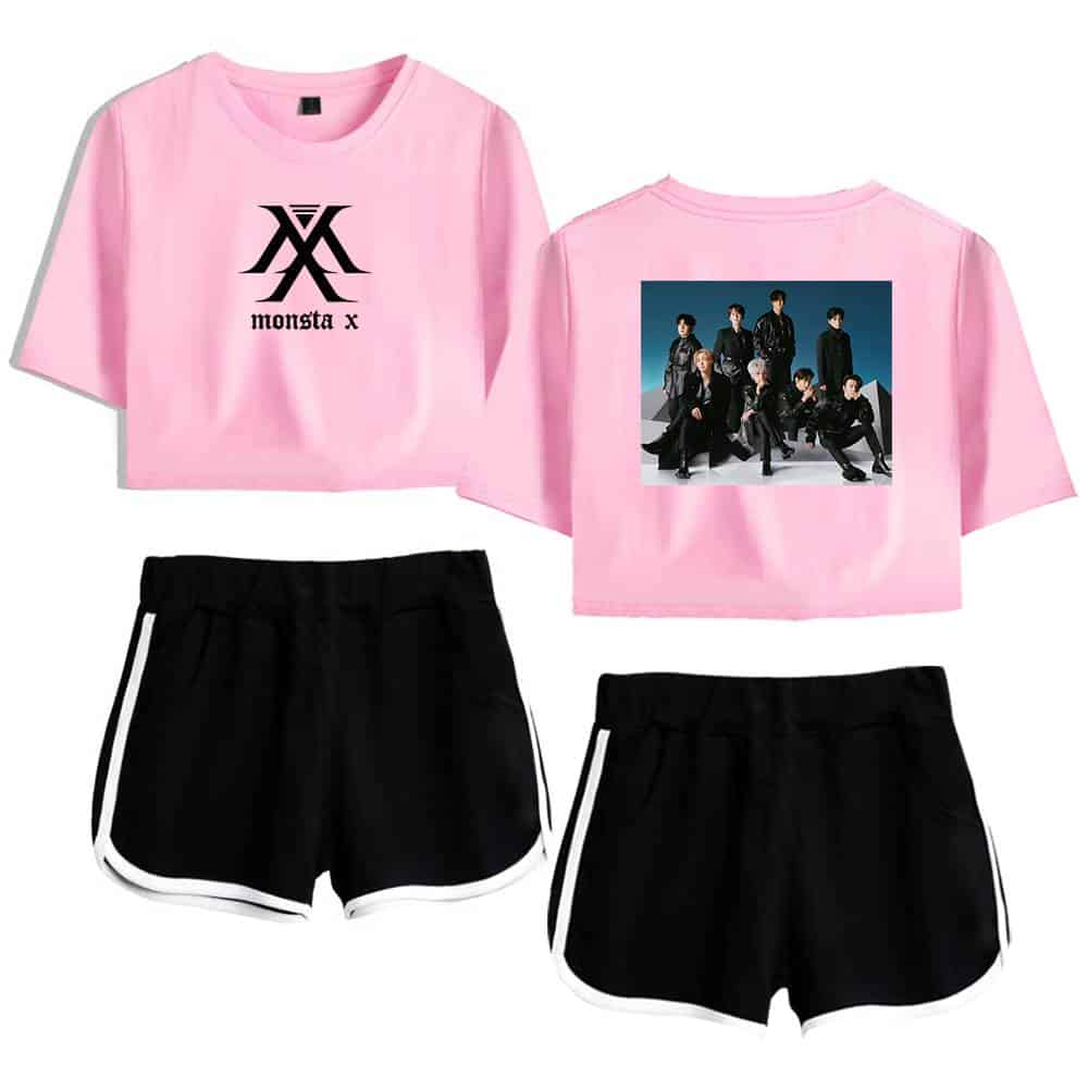 Monsta x pink graphic t-shirt with group image on back and black athletic shorts with white trim, trendy K-pop merchandise set.