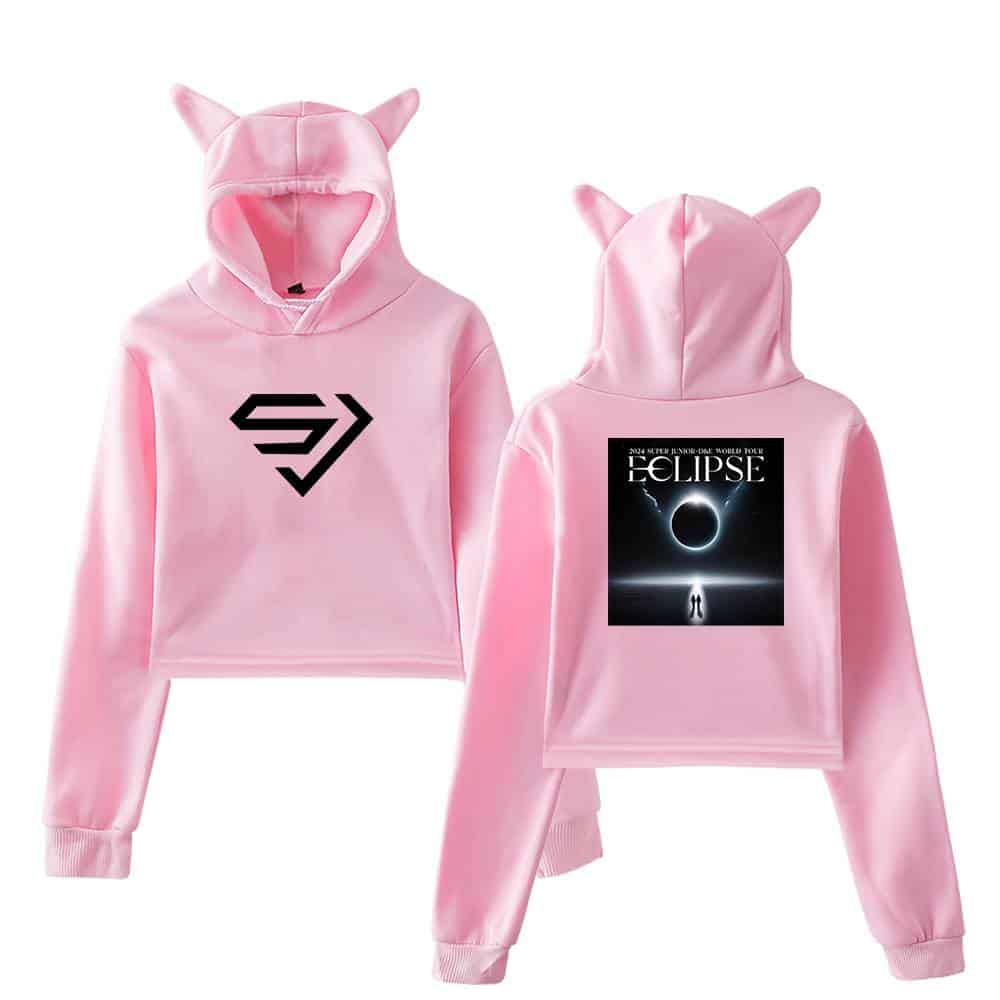 Superhero-themed pink hoodie with a front logo and back eclipse artwork, featuring cat ears on the hood for a playful, stylish look. Perfect for fans of space and comic-inspired fashion.