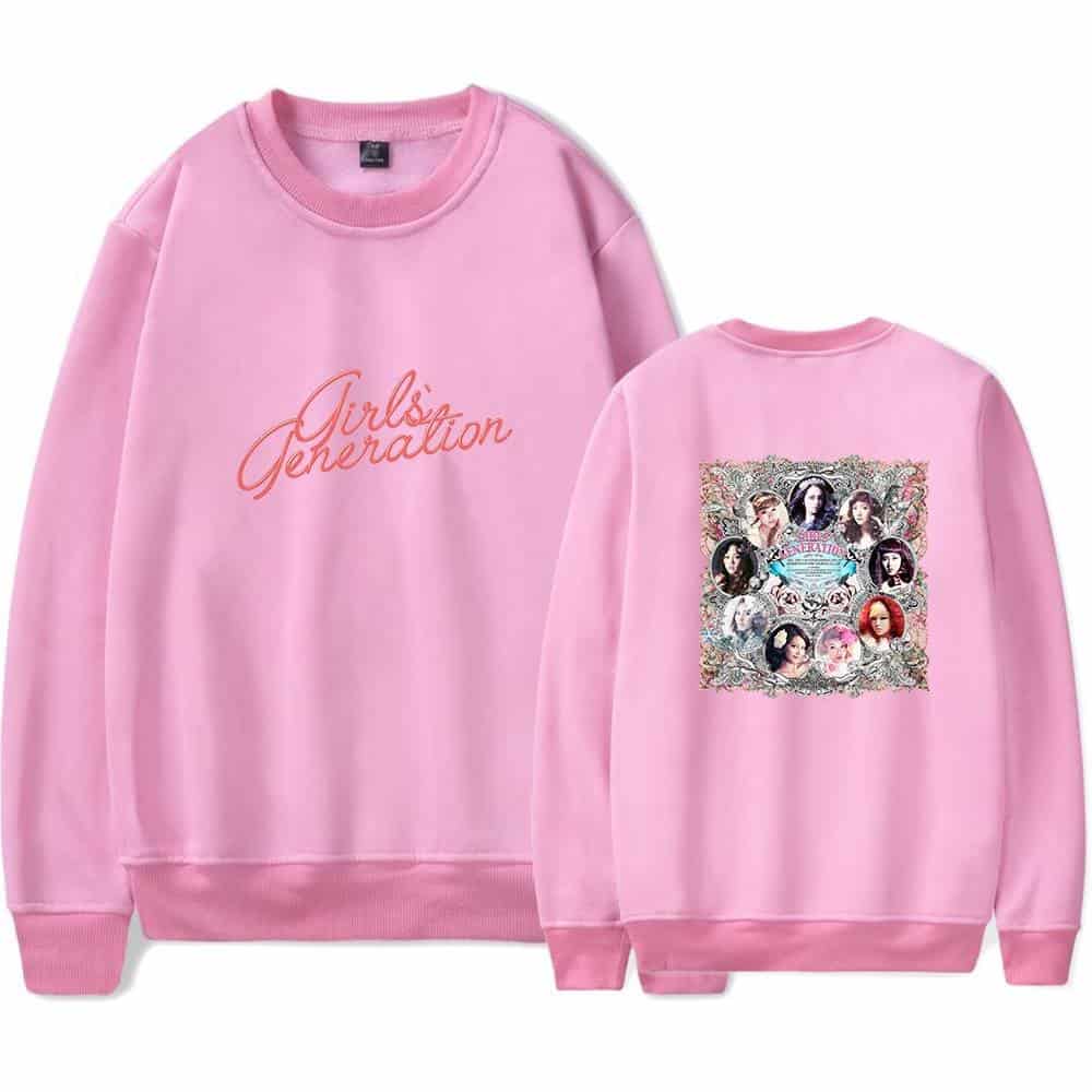 Gerbls Girls Generation pink sweatshirt with front text and back group photo design.