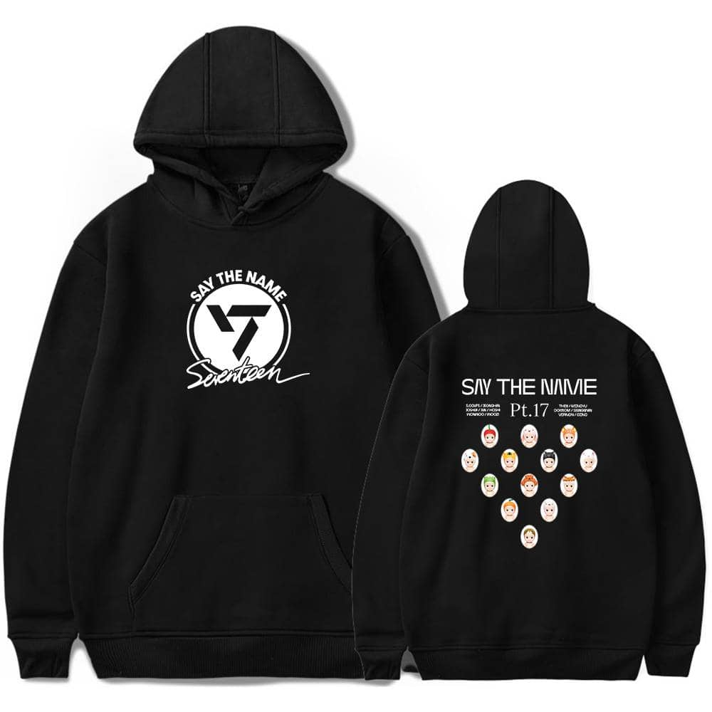 Say the Name Seventeen hoodie with the group's logo and cartoon faces on the back, perfect merchandise for fans.