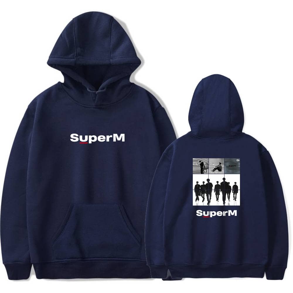 SuperM band hoodie with front "SuperM" logo and back collage of photos of group members in black silhouettes. Stylish, comfortable merchandise for fans. Perfect for casual wear and concert souvenirs.