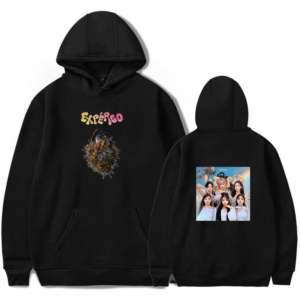 Black hoodie featuring colorful "EXO" text and a floral bag graphic on the front, with a group photo of the girl group IVE on the back. Perfect for K-pop fans.