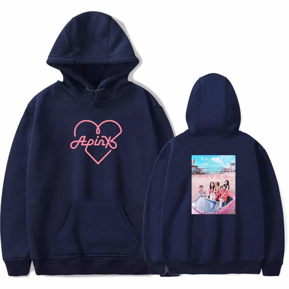 APIX hoodie with neon pink heart logo on front and girl group photo on back, stylish and comfortable merchandise for fans of the group. Perfect for casual wear and expressing fandom.