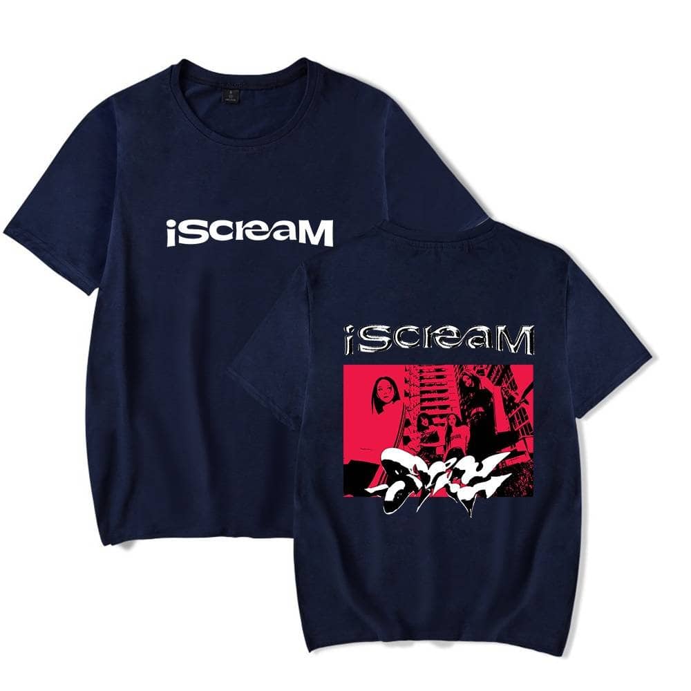 IScream graphic t-shirt, navy blue, with a bold white "iScream" logo and a vibrant red and black stylized graphic print on the back featuring two women and graffiti-style art, casual and trendy merchandise.