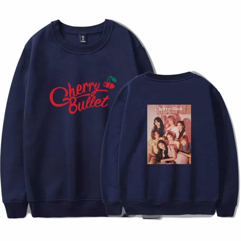 Cherry Bullet merchandise sweatshirt with the group's logo on the front and a photo of the group on the back. Perfect for fans to showcase their support. High-quality fabric with comfy fit.