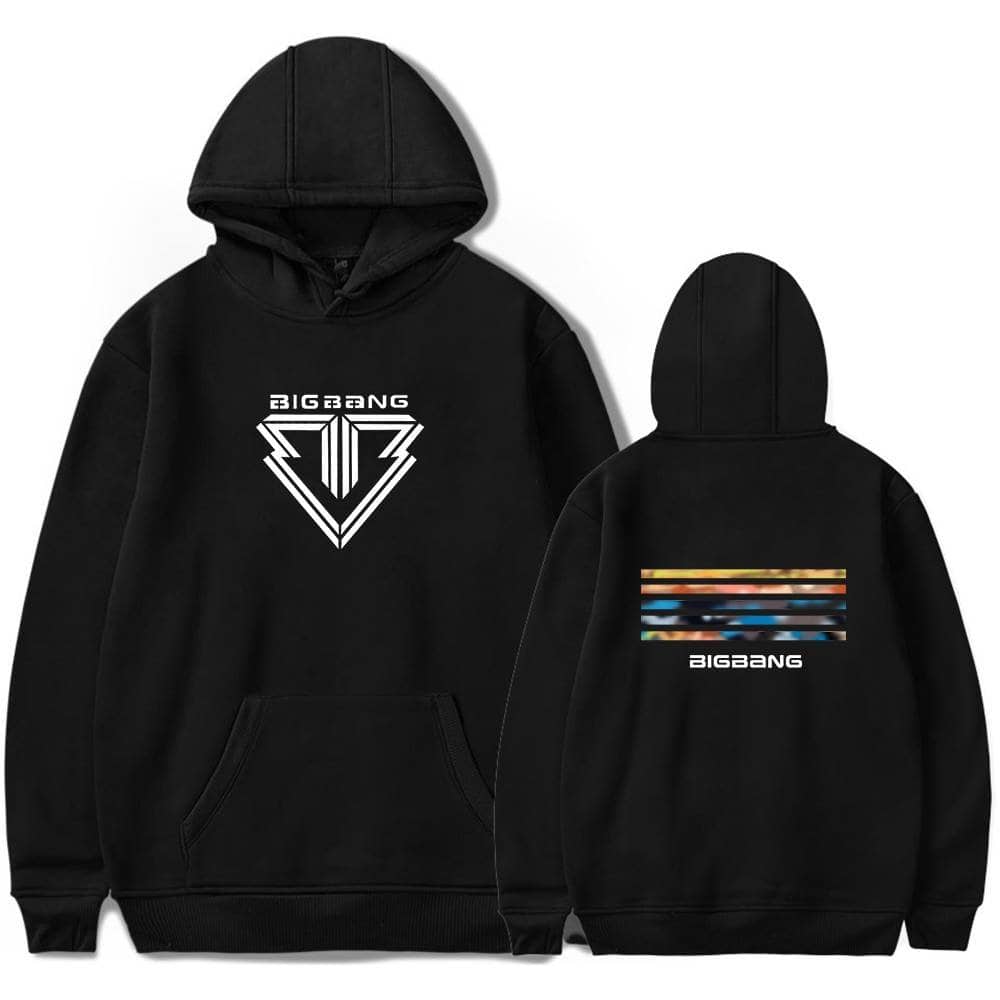 Bigbang hoodie with logo and colorful stripe design, perfect for fans.