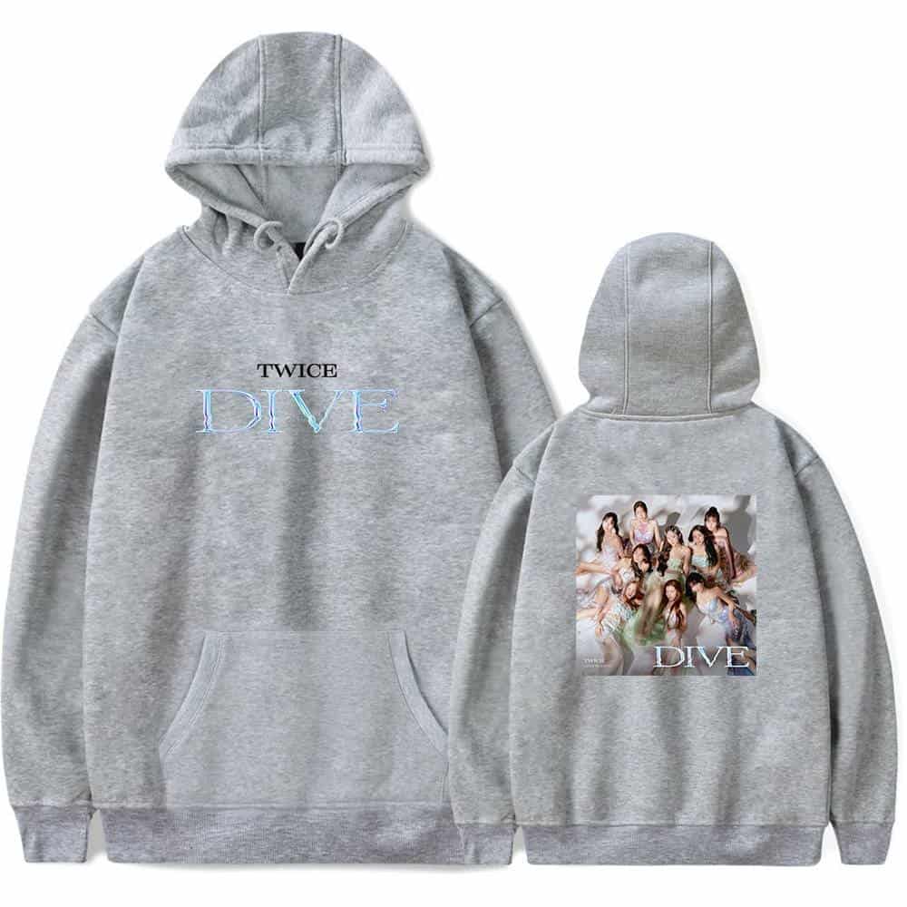 Comfortable light gray hoodie featuring the K-pop group TWICE with DIVE text on the front and a group photo on the back, perfect for fans of TWICE merchandise.