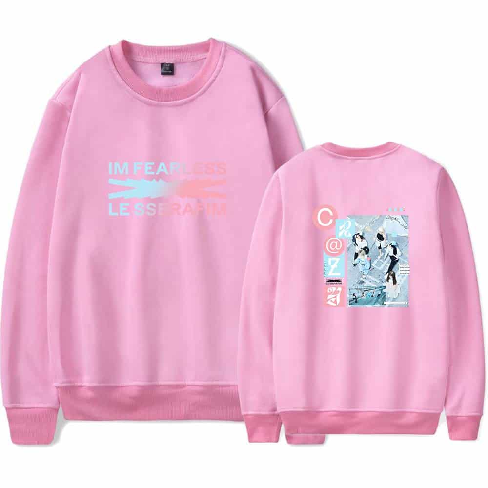 IM FEARLESS LESS GRAFFITI pink sweatshirt with graphic design on front and back, casual and stylish apparel.