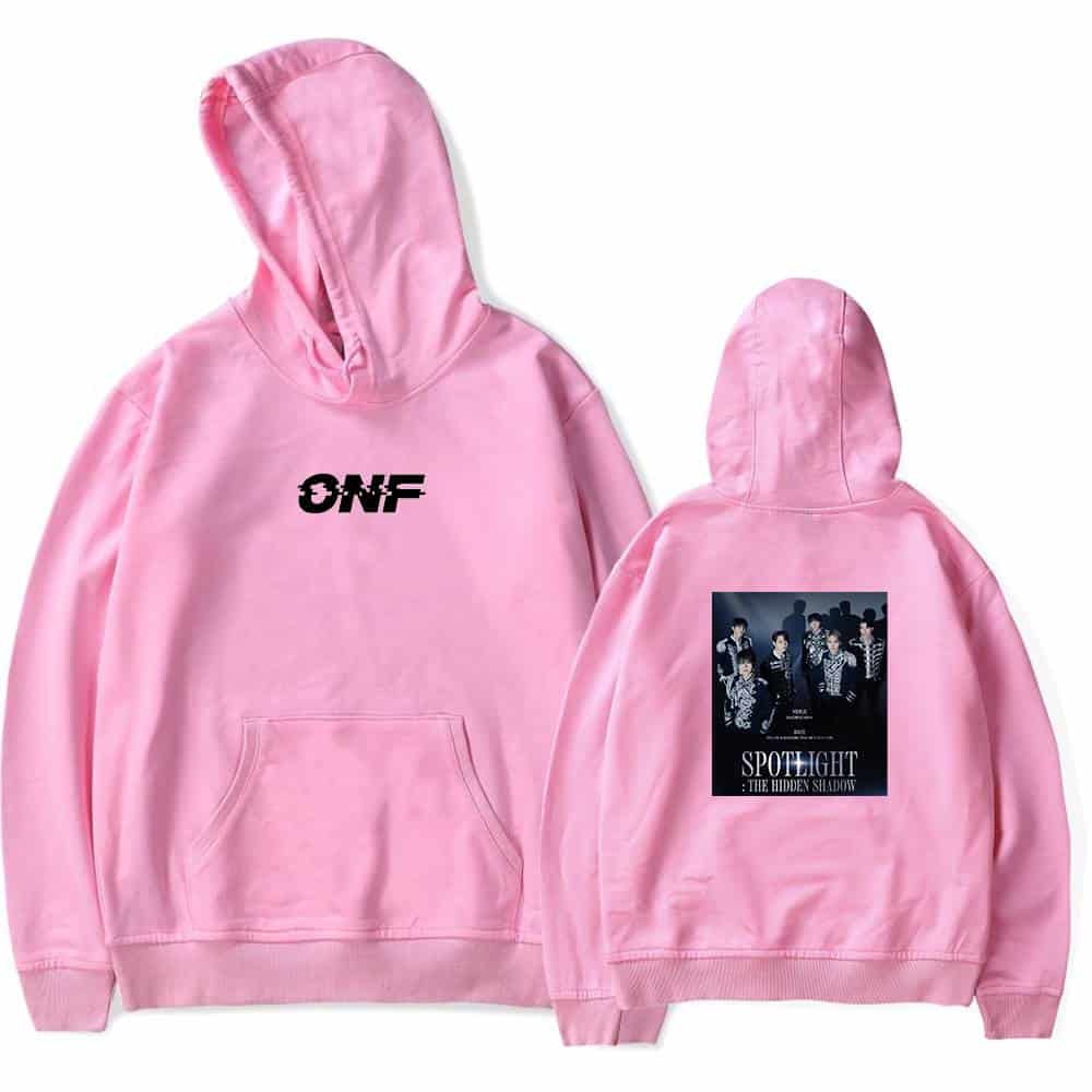 ONF pink hoodie with front logo and back week-of poster design.