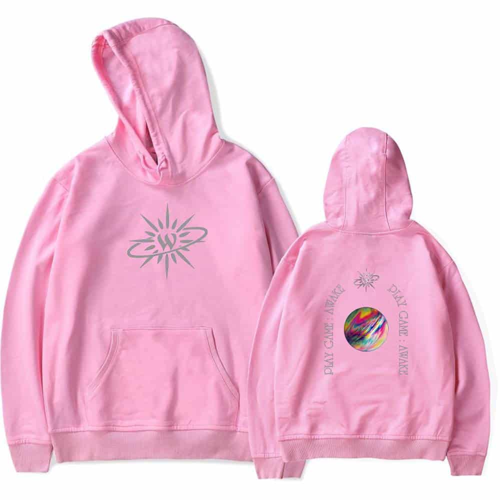Logo graphic hoodie with front and back designs, pink color, casual streetwear style, unisex.