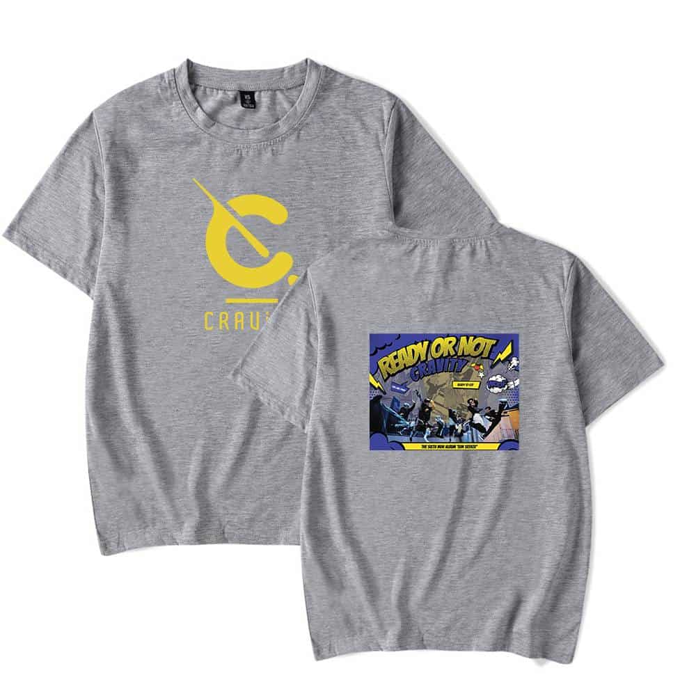 Yellow graphic t-shirt with "CRAW" text and modern abstract design on front, and playful "Ready or Not Gravity" comic-style print on back, casual and trendy merchandise for fans of contemporary streetwear.