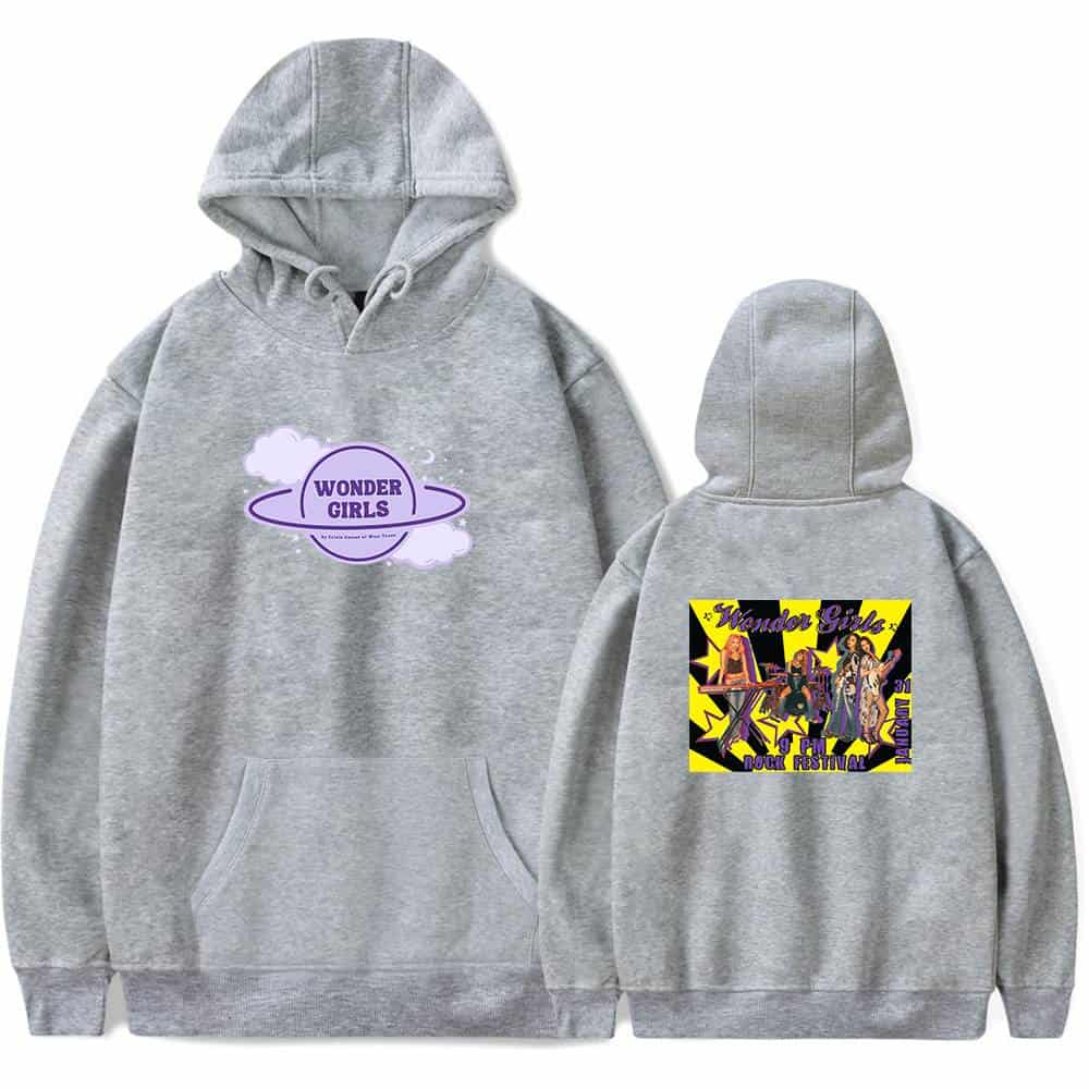 Wonder Girls themed grey hoodie showcasing the band’s logo on the front and an illustrated concert poster on the back, perfect for fans of the iconic K-pop girl group.