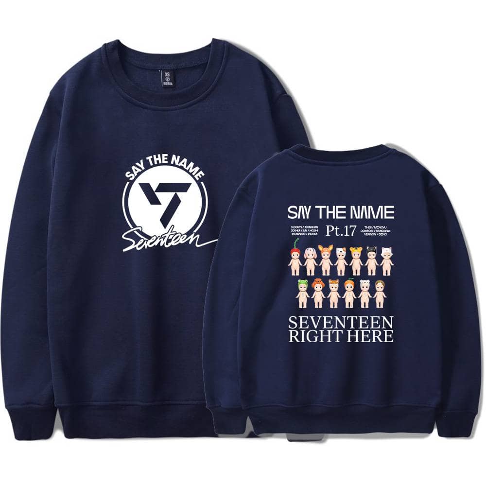 Say the Name Seventeen sweatshirt in navy blue with graphic prints of the group's logo and cartoon characters, perfect for fans.