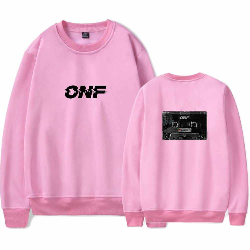 ONF pink sweatshirt with bold front logo and cassette tape back graphic, trendy streetwear style for music fans and fashion enthusiasts. A must-have piece for a casual, stylish look.