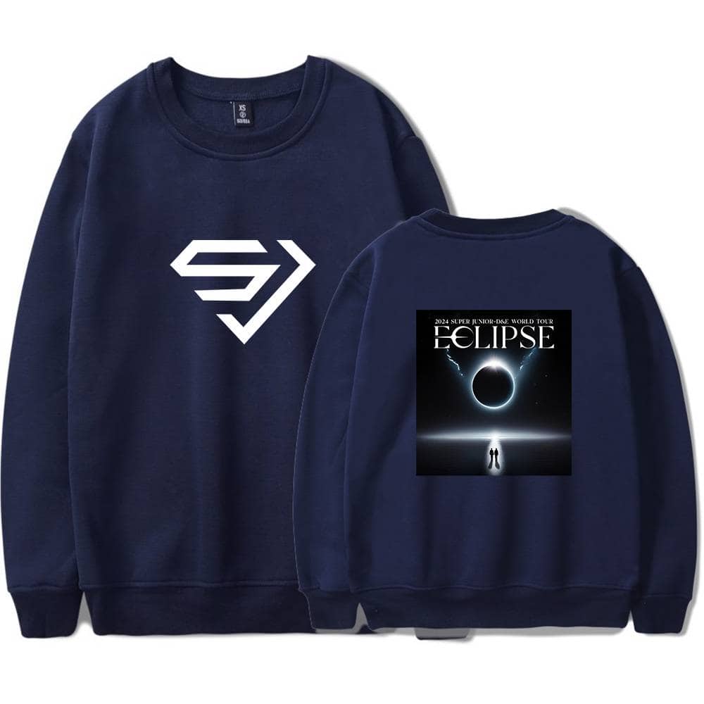 Superhero logo design sweatshirt with a space-themed eclipse graphic on the back, perfect for fans of astronomy and superhero merchandise. Comfortable and stylish for everyday wear.