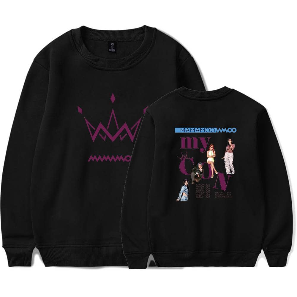 A black sweatshirt featuring a purple crown graphic on the front and a colorful collage of Mamamoo members with text on the back. Perfect for K-pop fans and Mamamoo supporters.