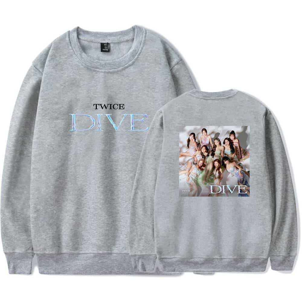 DIVE TWICE sweatshirt with group photo of the K-pop girl group TWICE on the back and "DIVE" text on the front in blue; grey casual wear.