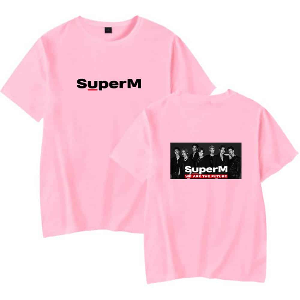 SuperM pink graphic T-shirts with band logo and group photo, trendy pop group merchandise.