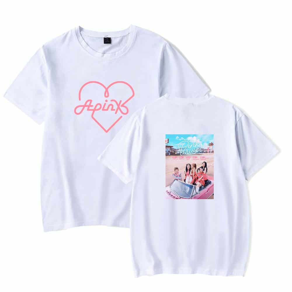 Pink Heart Apink T-shirts, stylish and casual merchandise featuring the popular K-pop girl group Apink with unique designs on the front and back. Perfect for fans and everyday wear.