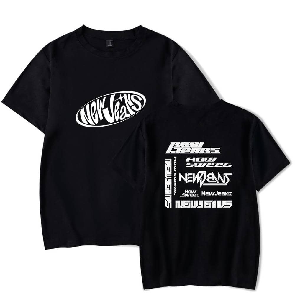 NEWJEANS black graphic T-shirts made of cotton, featuring bold, stylized text and logo designs that emphasize streetwear and trendy fashion appeal. Perfect for casual, fashionable wear.