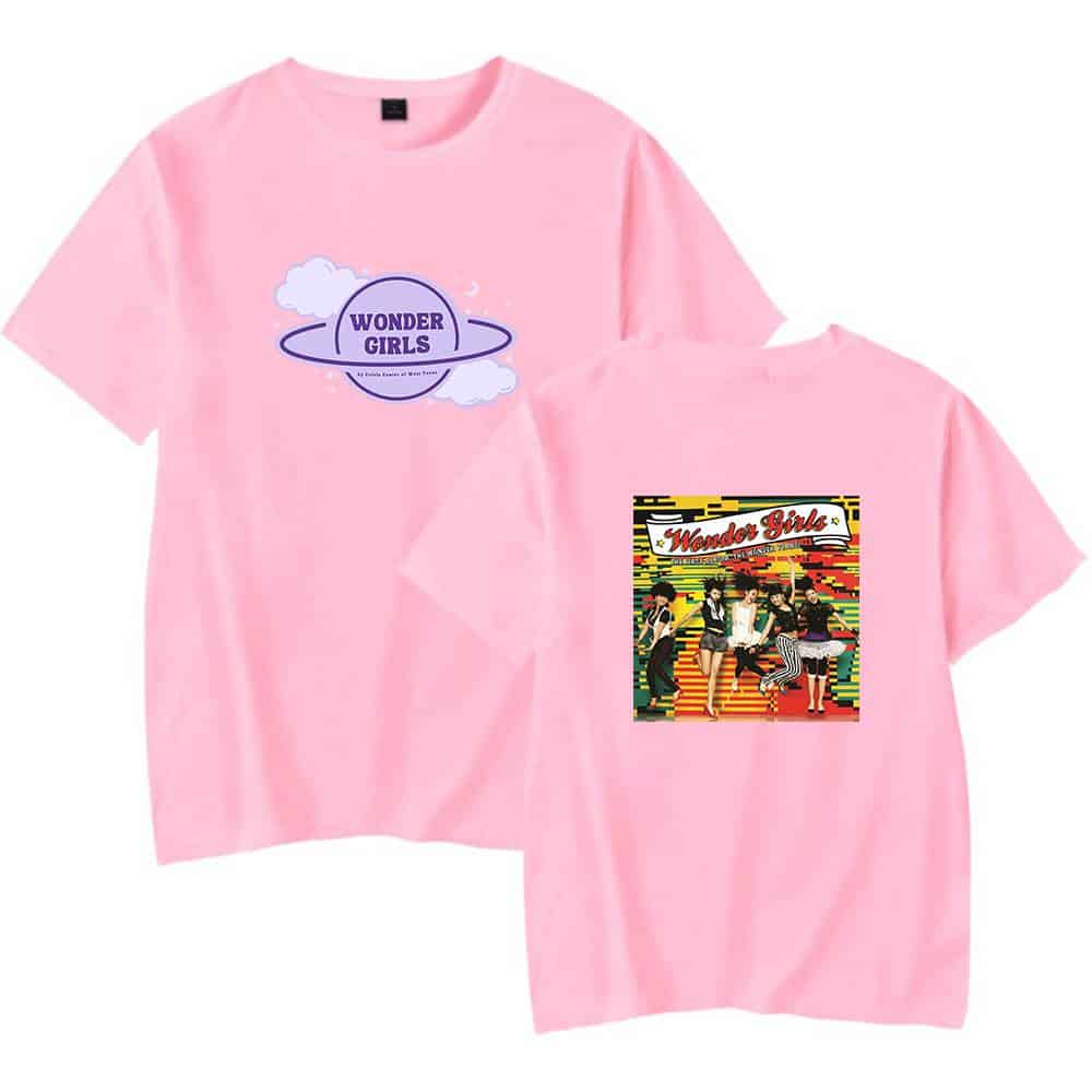 Wonder girls pink graphic t-shirt with band logo and retro pop art design, casual and stylish merch for K-pop fans, perfect for concerts or everyday wear.