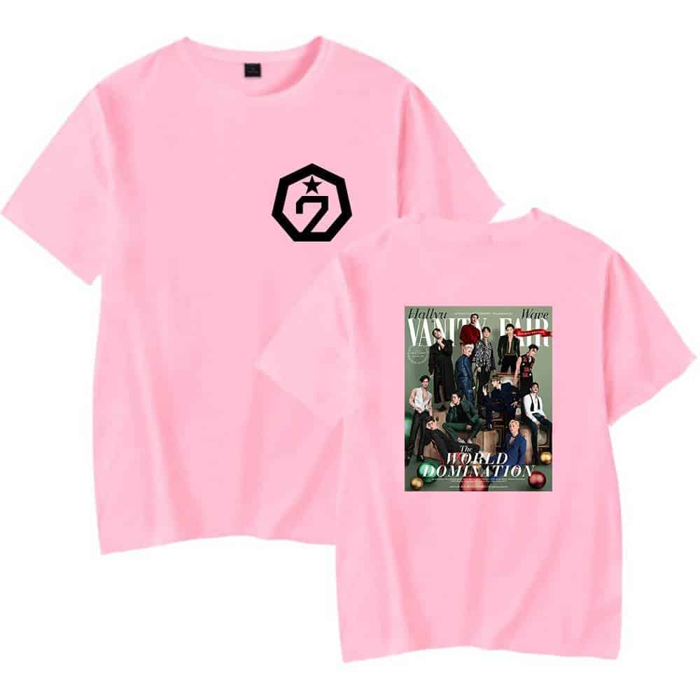 Pink graphic t-shirt with black star and circled number 2 logo on front, magazine cover print on back featuring the cast of "The World Domination" show, stylish casual merchandise for fans.