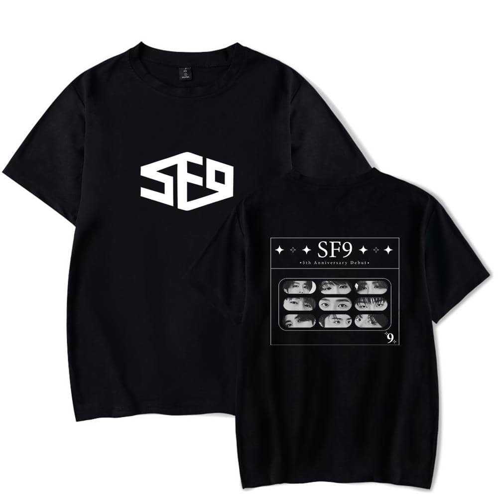 SF9 logo and group photo printed T-shirt, black casual merch.