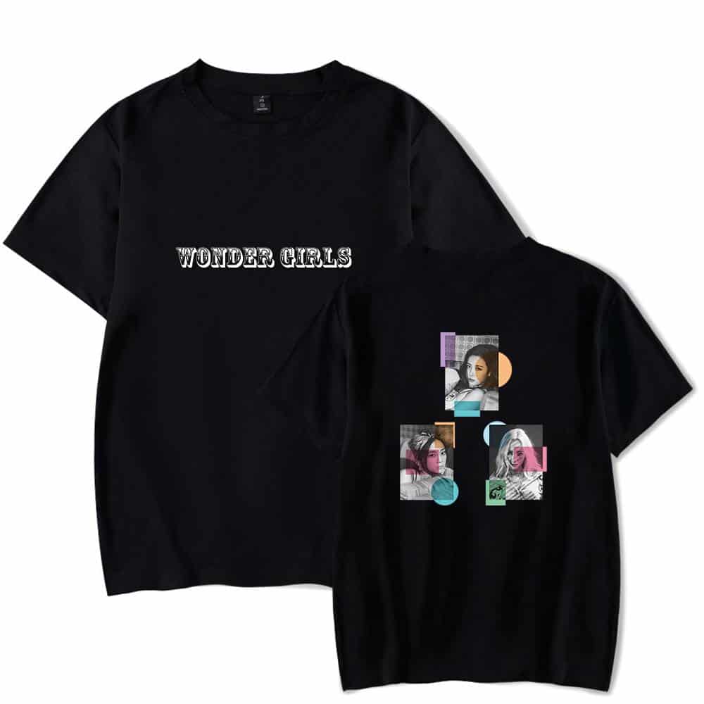 WONDER GIRLS black T-shirts with colorful and black-and-white graphic designs, featuring pop-art inspired images of women, perfect for fans and trendy fashion statements.