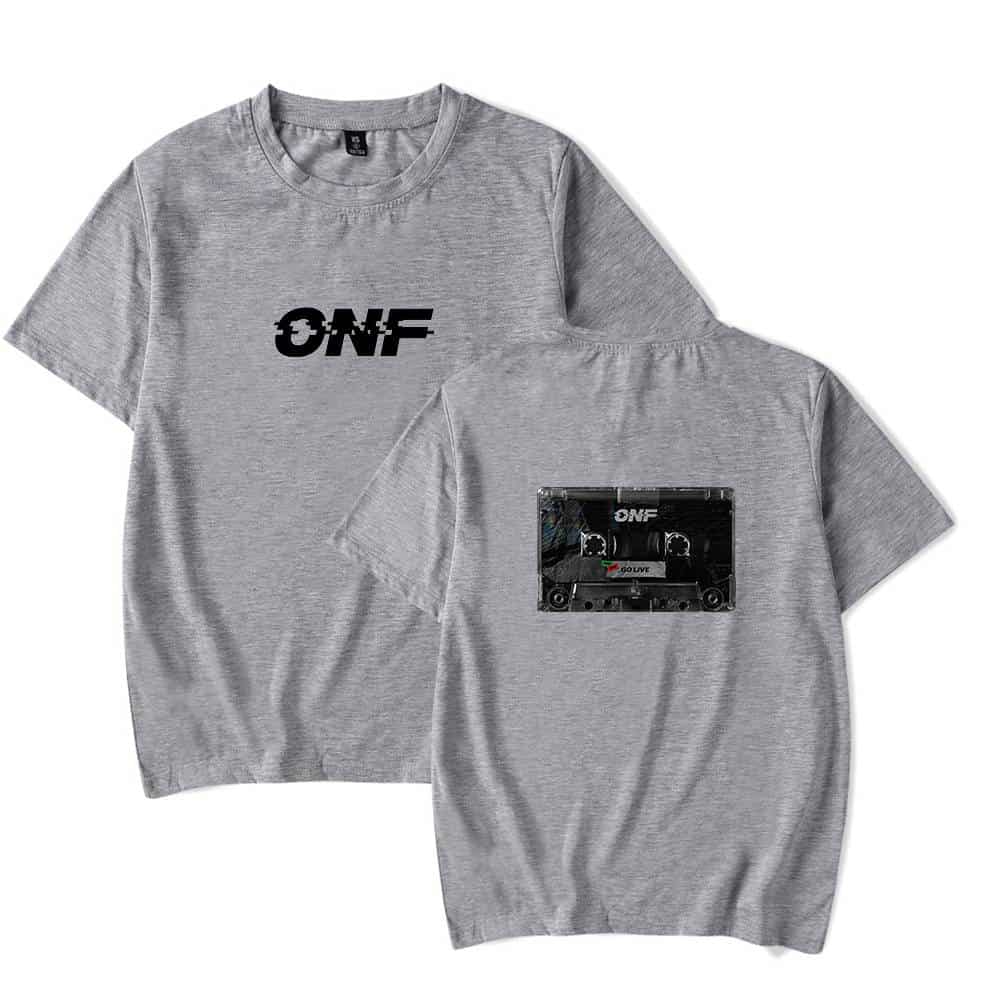 ONF logo graphic printed on the front of a casual grey t-shirt with a cassette tape design on the back. Perfect for music fans and streetwear fashion enthusiasts. Made of soft, comfortable fabric.