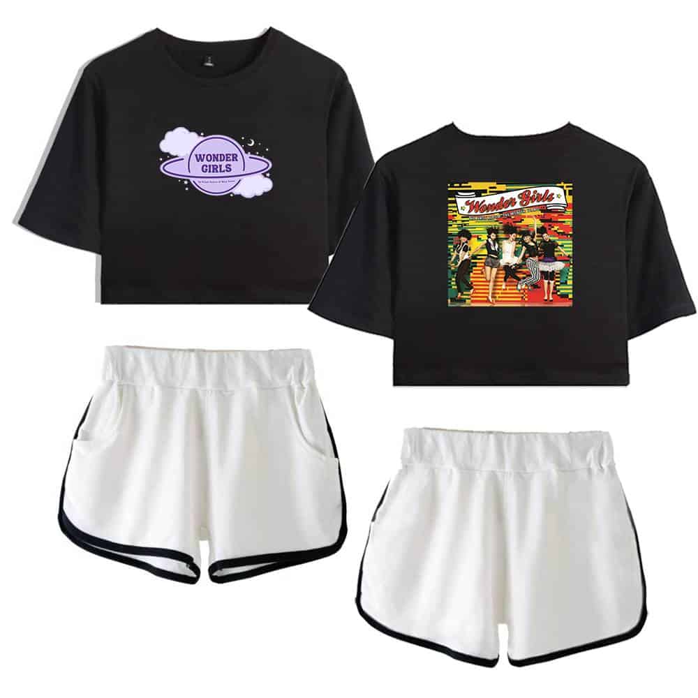 Wonder Girls space-themed graphic t-shirt and vintage-inspired graphic t-shirt, paired with white athletic shorts with black trim, perfect for casual wear or summer outfits.