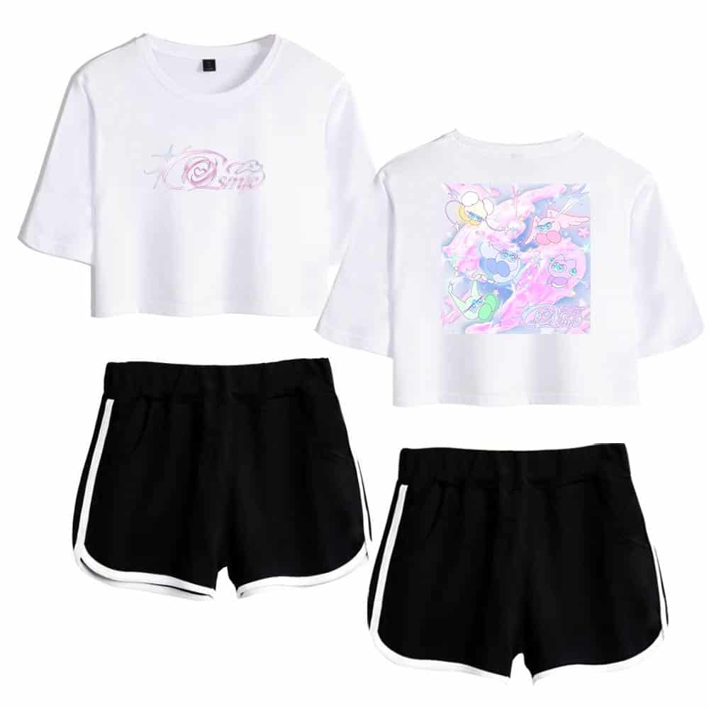 Cute white cropped T-shirts featuring colorful cartoon characters with a playful and trendy design, paired with black athletic shorts with white side stripes, perfect for casual or sporty outfits.