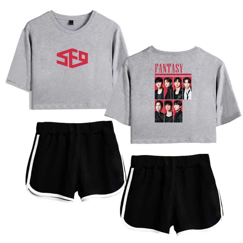 SG9 logo cropped sweatshirt and BTS FANTASY graphic T-shirt with black and white athletic shorts, casual streetwear fashion merchandise for K-pop fans.