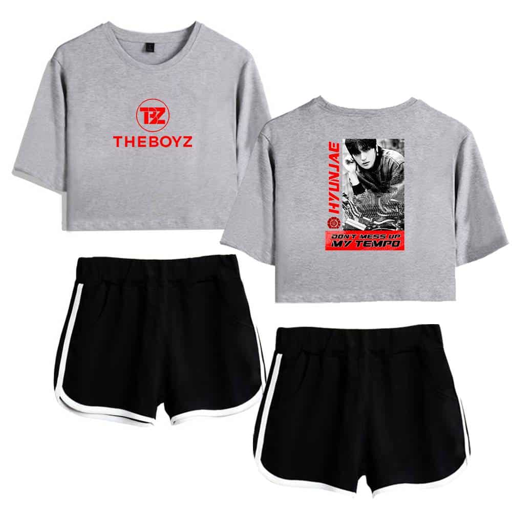 T-shirts and shorts streetwear merchandise with bold graphic prints featuring "THEBOYZ" logo and "DON'T MESS UP MY TEMPO" slogan, designed for casual and trendy fashion.