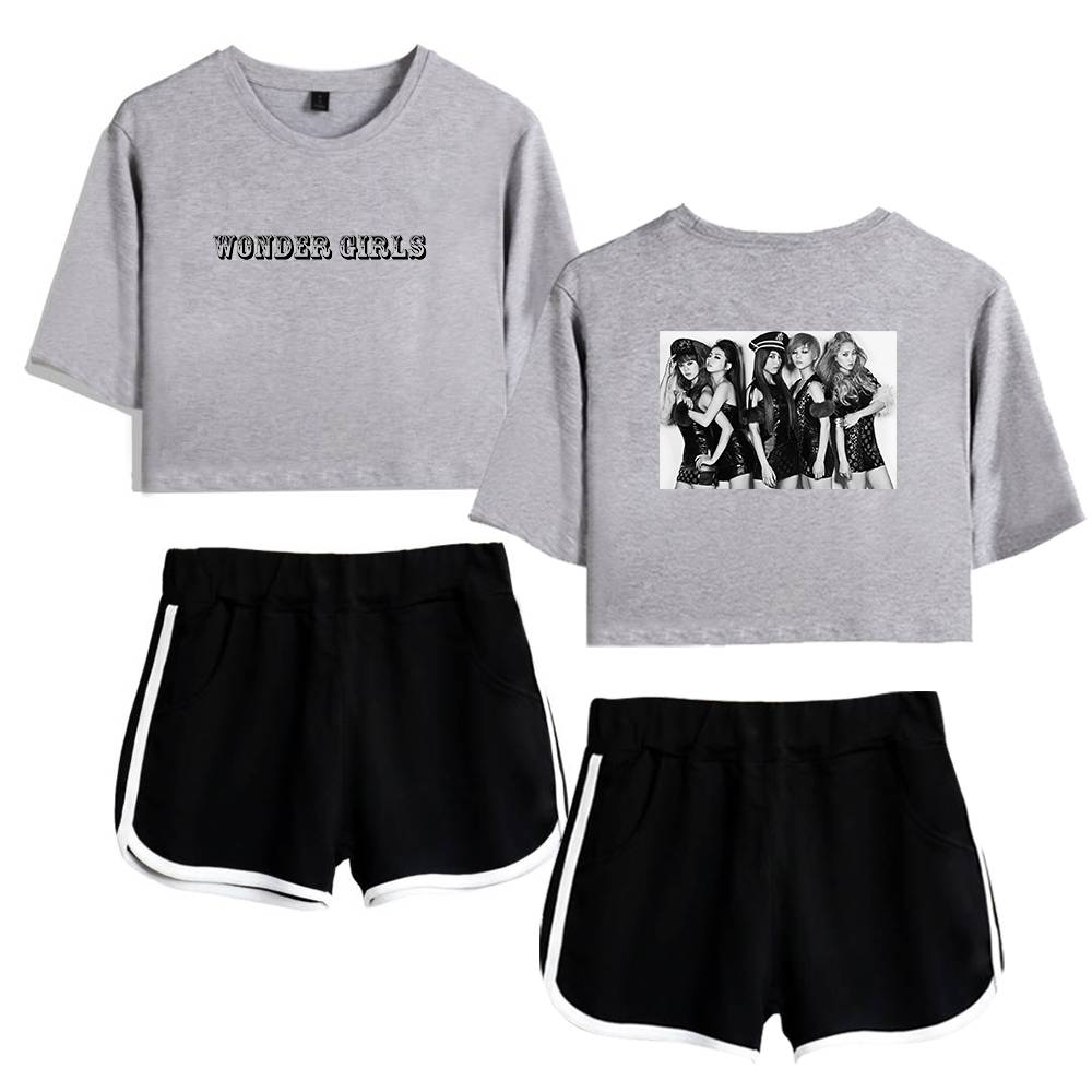 Wonder Girls graphic sweatshirt and casual shorts set, teen girls’ short sleeve top with print, perfect for casual wear and music fandom.