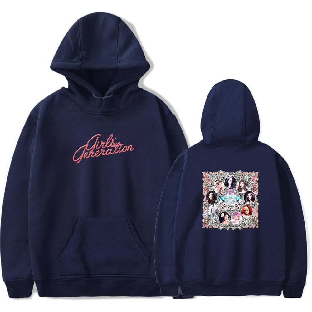 Girls' generation hoodie with front text and back group photo design.