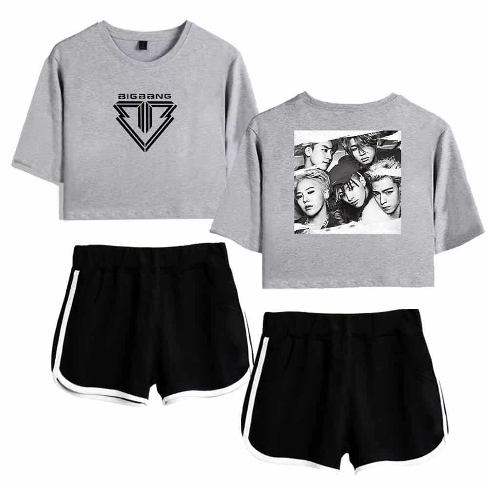 Bigbang band logo crop top and group photo graphic sweatshirt, casual black shorts with white stripe detail, trendy youth fashion merchandise for fans, stylish and comfortable music-inspired apparel for teens and young adults.