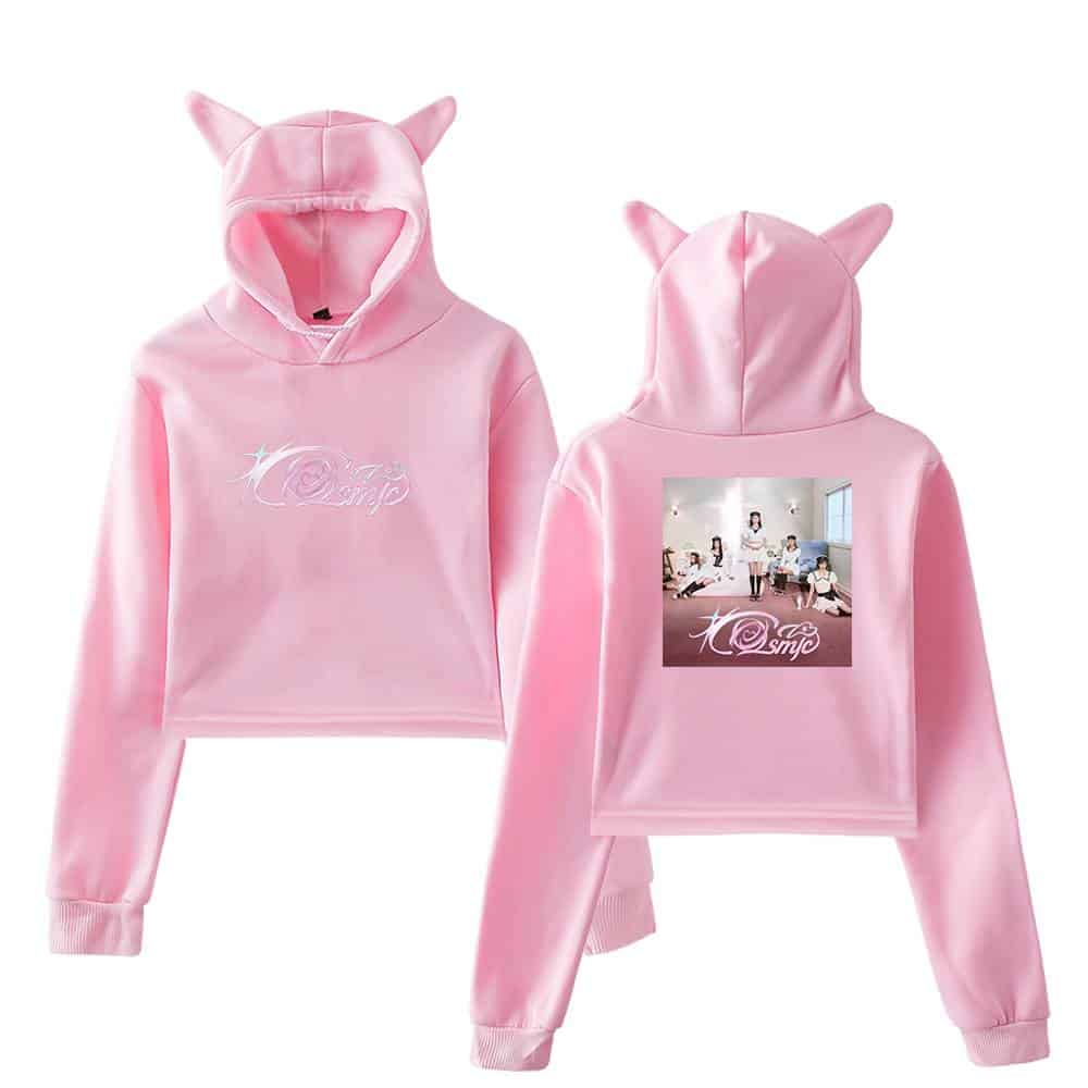 Cosplay hoodie set inspired by BLACKPINK's Lisa, featuring pink color, cat ears, and a printed photo on the back, perfect for fans and casual wear.