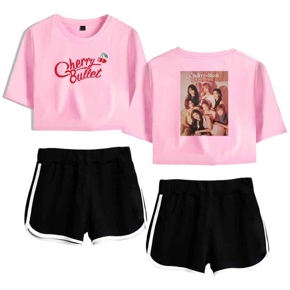 Cherry Bullet pink cropped t-shirt with band photo design, casual wear for fans.