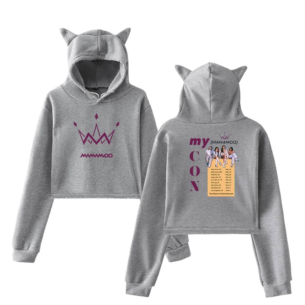 Gray hoodie with Minnie Mouse ears, featuring a pink crown logo on the front and concert tour details on the back, inspired by the K-pop group MAMAMOO.