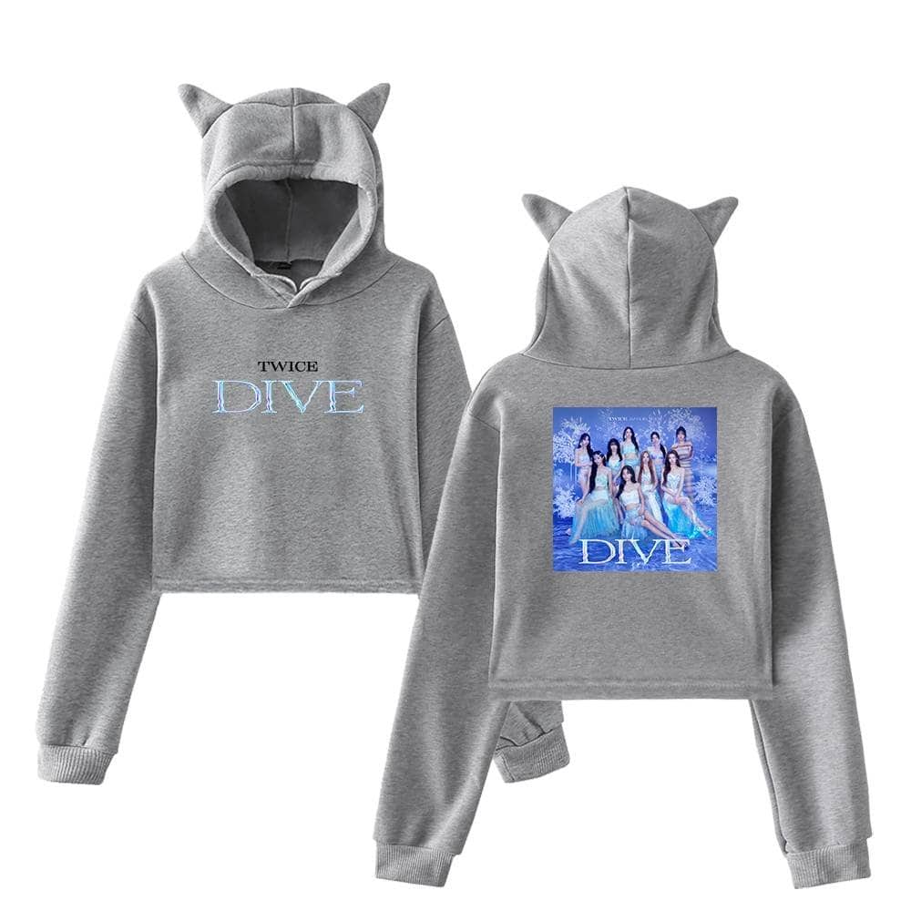 Soft grey lounge set featuring a hooded sweatshirt with cute cat ear details and "TWICE DIVE" text, paired with matching sweatpants for a cozy, stylish look. Perfect for fans of TWICE.