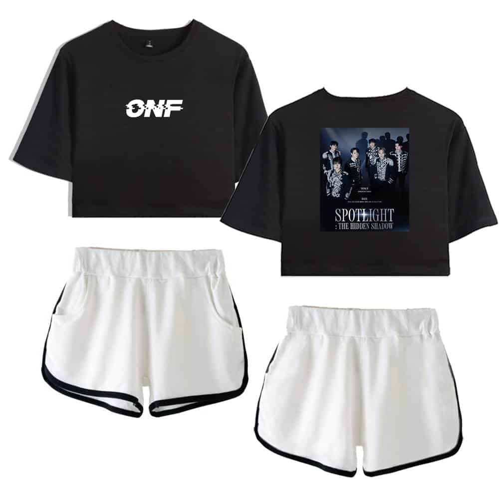 ONF black cropped t-shirt with logo and band photo print on the back, paired with white athletic shorts with black trim, part of official merchandise.