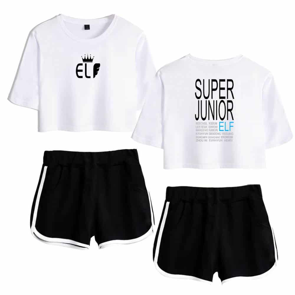 ELA T-shirt with a crown and wing logo, paired with black athletic shorts with white side stripes, perfect for casual or sporty looks.